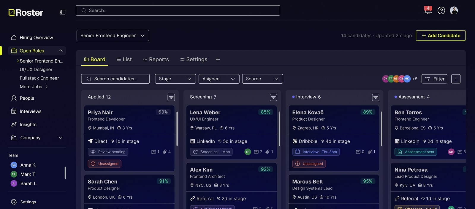 Roster app: hiring pipeline board