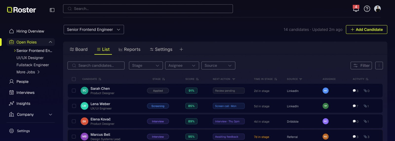 Roster list view for a Senior Frontend Engineer role: candidates with stage, match score and next action
